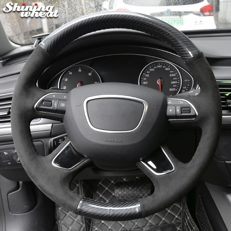 Black Suede Black PU Carbon Fiber Car Steering Wheel Cover for Audi Q7 2012-2015 Q3 Q5 2013-2016 A4 (B8) 2014 2015 A6 (C7)