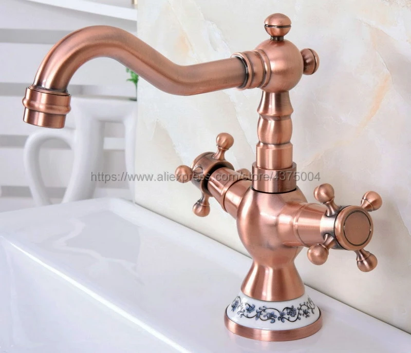 

Antique Red Copper Double Cross Handles Bathroom Basin Faucets Deck Mount Bathbasin Vanity Mixer Taps Nnf615