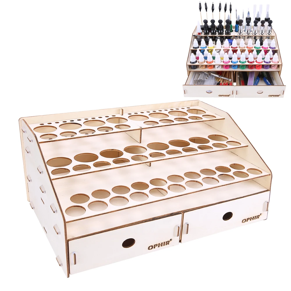 OPHIR Paints Rack with Drawers Acrylic Paints Tattoo Ink Wood Rack DIY Wood Storage Rack Up to 80 Bottles of Paints MG040