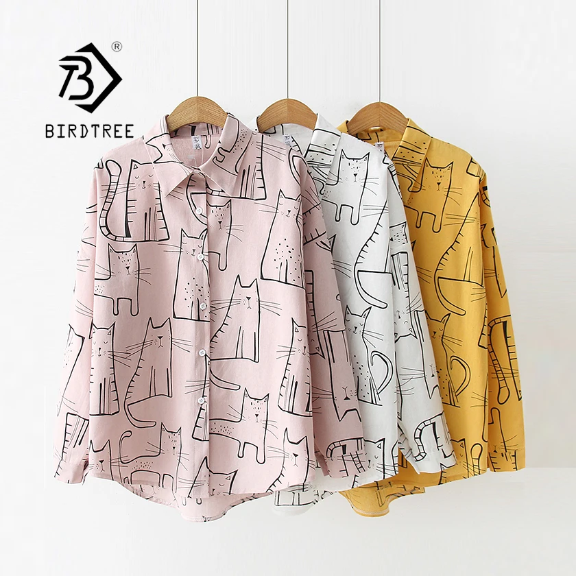 2019 neue Ankunft Cartoon Katze Print Button Up Bluse Langarm Drehen Unten Kragen Hemd Süße Mädchen Lose Plus Größe top T93905F