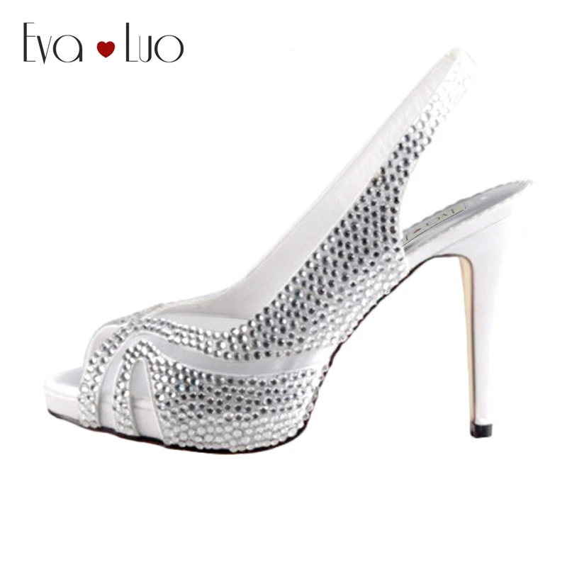 

CHS024 Custom Made White Crystal Slingbacks high Heels Women Shoes Dress Sandals Bridal Wedding Shoes Prom Shoes Big Size