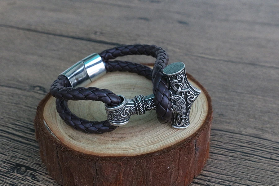 10pcs 1pcs viking men bracelet Leather Cuff Viking Leather Wrist Cuff mjolnir hammer Bracer Stainless Steel Magnetic Clasp