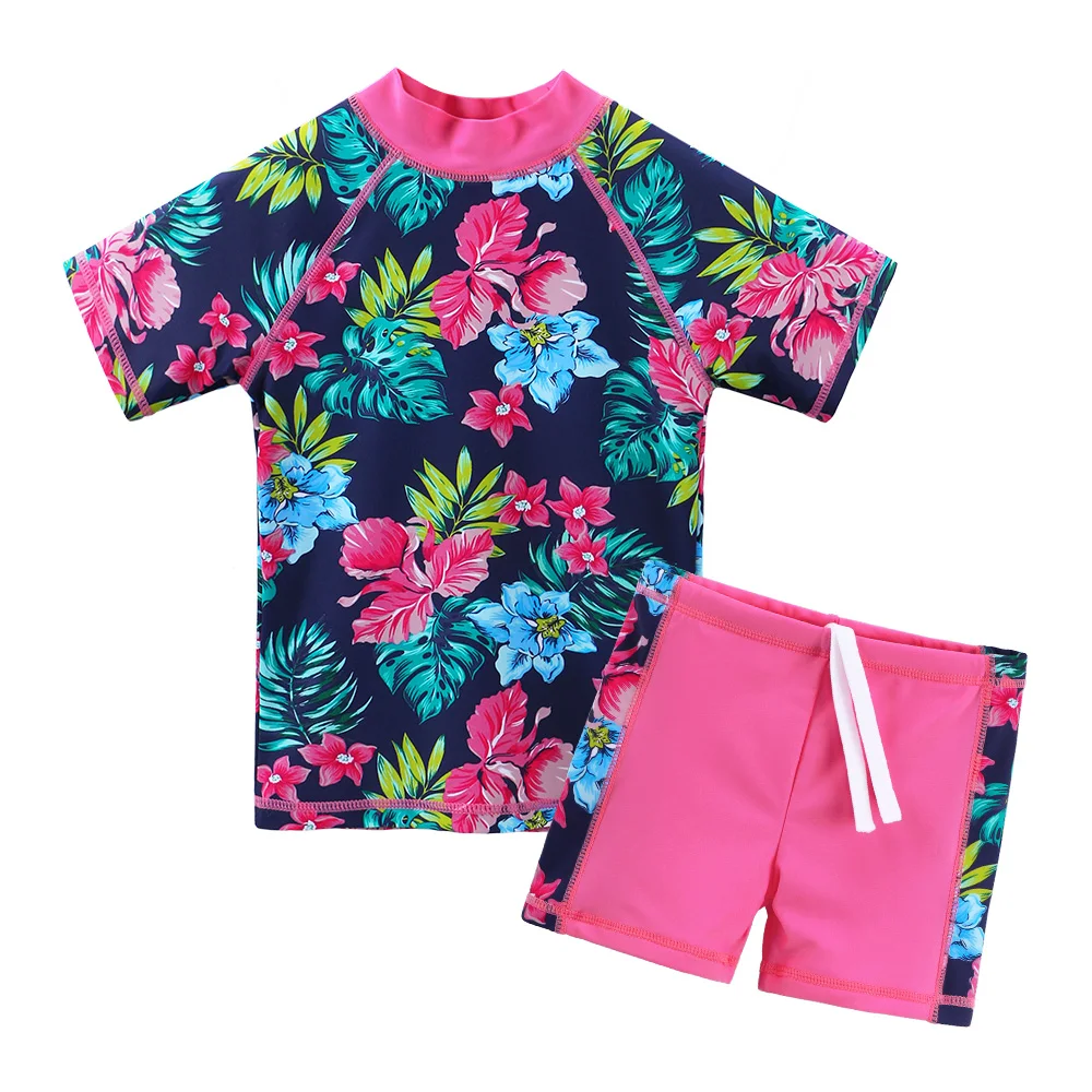 BAOHULU UPF50+ Flower Kids Swimwear Girls Short Sleeves Swimsuit Two Pieces Children Bikini set Swimming Tankini Beachwear