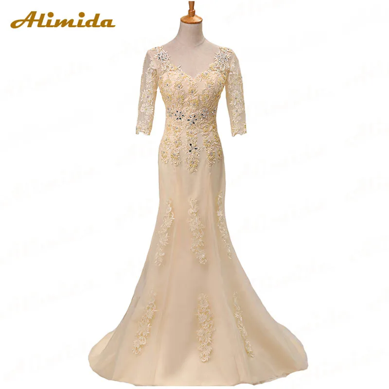 

ALIMIDA Mermaid Evening Dress Long 2020 Half Sleeve Prom Dresses Sexy V-Neck Appliques Embroidery Party Dress robe de soiree