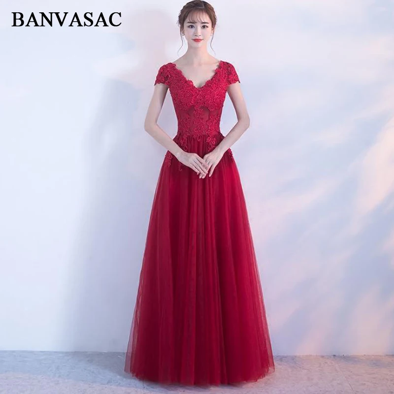 

BANVASAC 2018 Pearls V Neck Lace Appliques A Line Long Evening Dresses Party Short Sleeve Backless Prom Gowns