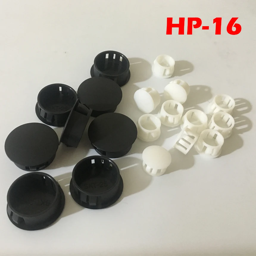 Hp-16mm de diâmetro plástico branco e preto com 50 peças, tampa de extremidade de plástico com retaguarda, botão de travamento e parafuso