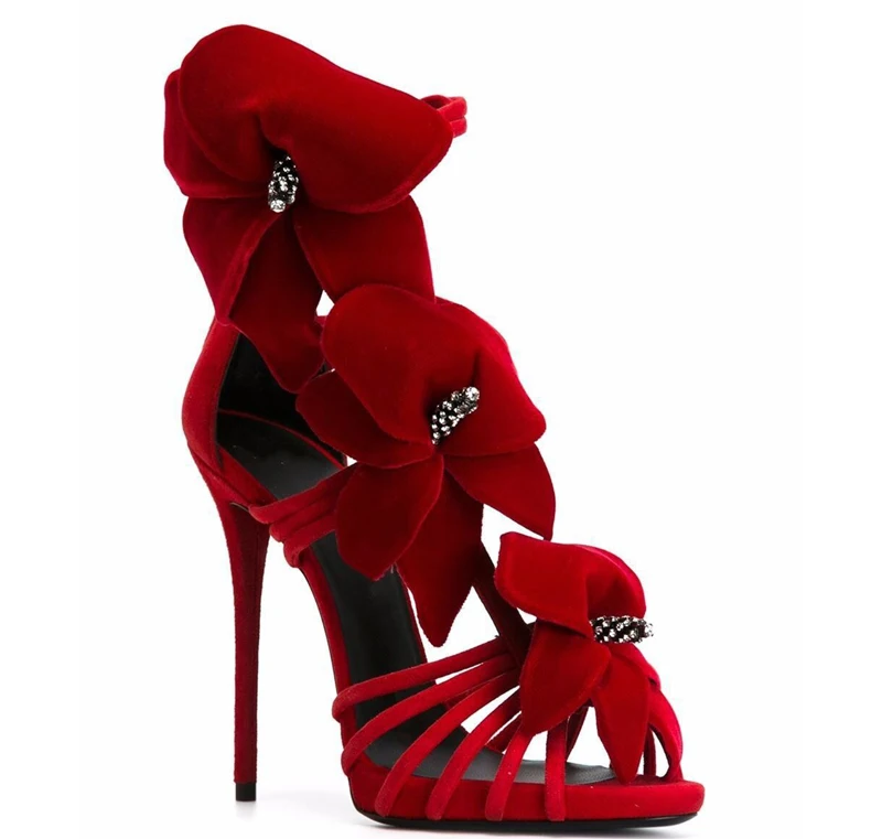 Sexy Bright Red Sandalias Mujer Crystal Decor Stereo Flowers Stiletto Heels Women Ankle Strap Open Toe Floral Beauty Sandals