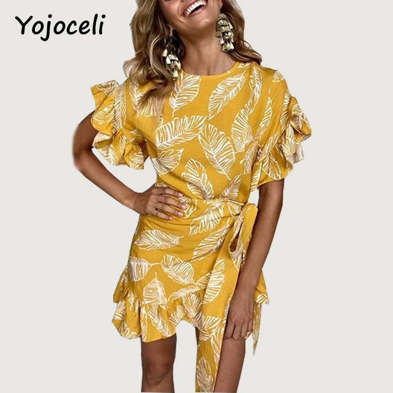 

Yojoceli 2018 New summer print big ruffle wrap dress women Spring sashes bow party elegant dress Short beach dresses vestidos