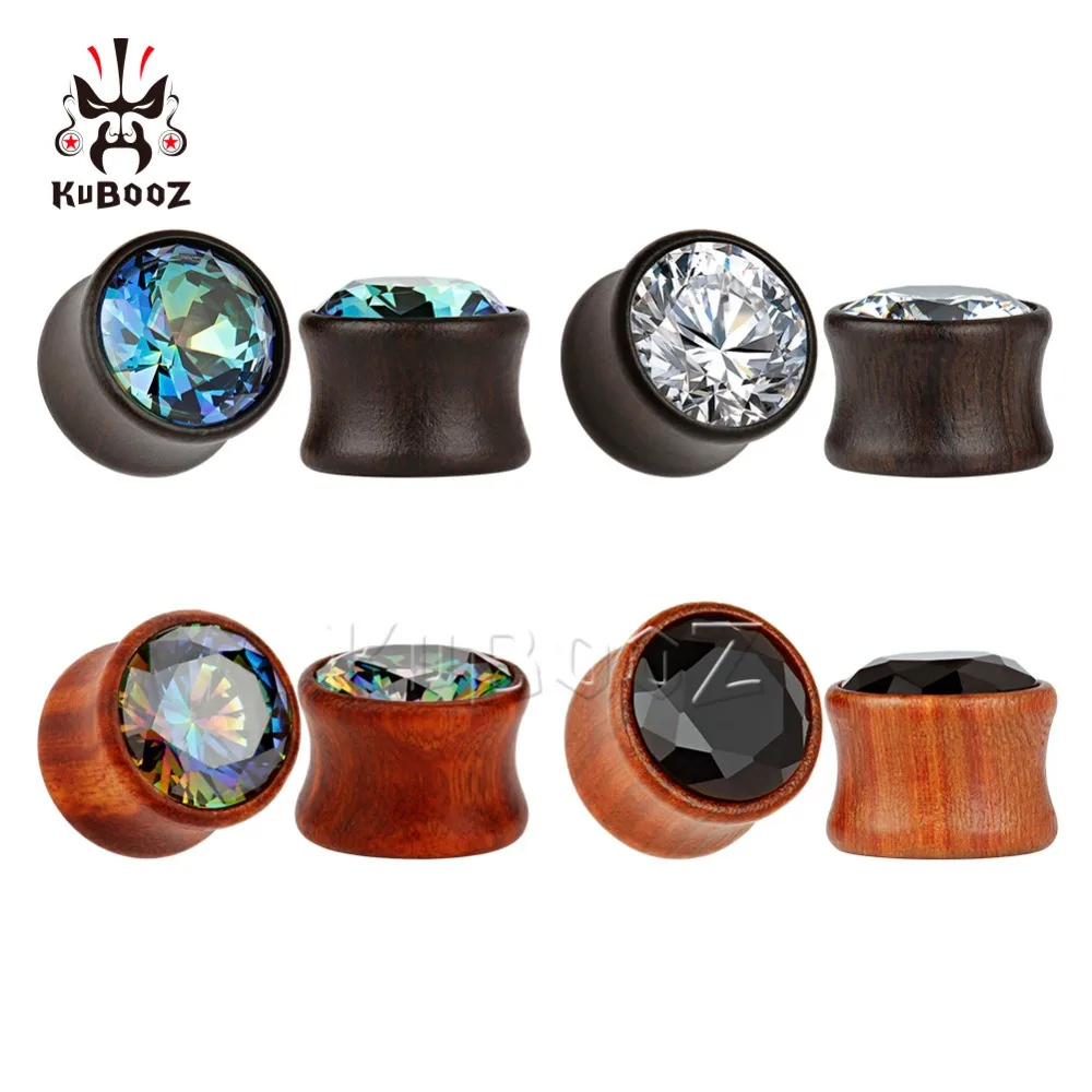 KUBOOZ piercing zircon ear plugs wood tunnels body jewelry expander 4 colors available pair selling 2pcs lot gauges