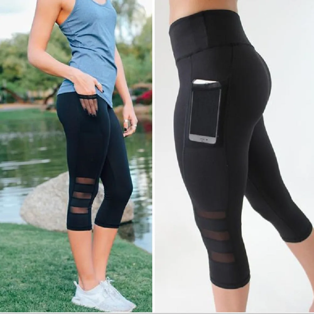 

High waist Elastic women Mesh Legging pants Black sexy Fitness sport Capri Pants with pocket Cropped trousers Yoga leggings