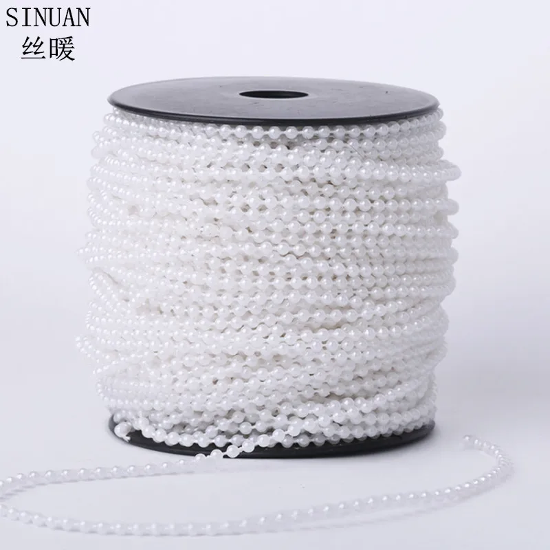 Plastic Bead Chain Chinese Beads, Acrylic Beads, White and Cream Pearl, Wedding Decoration, New Style, 3mm, 50m per Roll