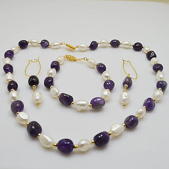 

Natural White Pearl Jewelry Set Baroque Freshwater Pearl Purple Amethystes Necklace Bracelet Earrings Charming Women Gift