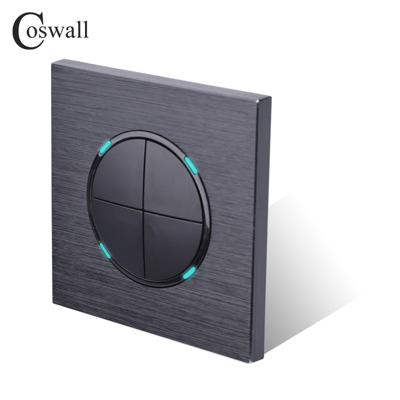 Coswall 4 Gang 2 Way Random Click On / Off Passage Wall Light Switch Switched LED Indicator Black / Silver Grey Aluminum Panel