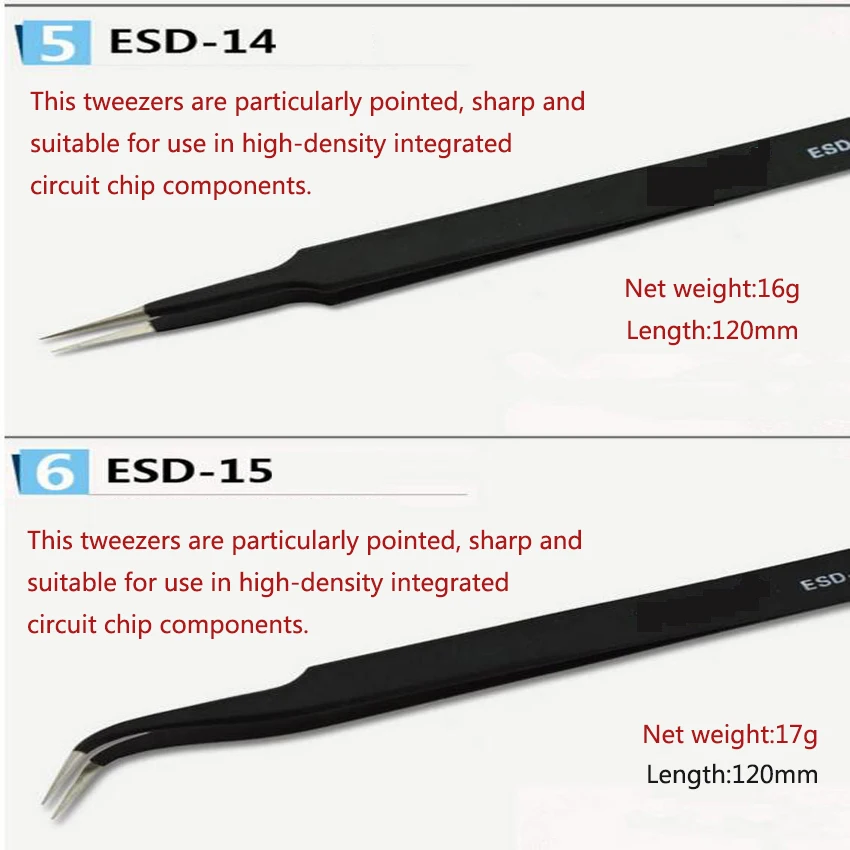 6ชิ้น/เซ็ต Precision แหนบสแตนเลสสตีลแหนบชุดสำหรับ BGA Work Repair เครื่องมือ ESD-10,11,12,13,14,15