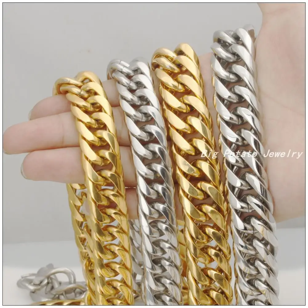 16mm Width 7-40inch Silver&Gold Color 316L Stainless Steel Boy Curb Cuban Chain Necklace Heavy Jewelry