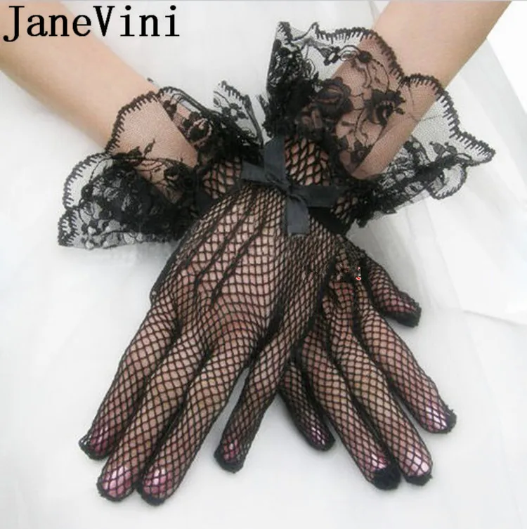 JaneVini สีดำถุงมือเจ้าสาวลูกไม้นิ้วมือสั้นราคาถูกอุปกรณ์จัดงานแต่งงานสีขาวนาฬิกาข้อมือความยาวถุงมือแต่งงาน 2018 Kant Handschoen