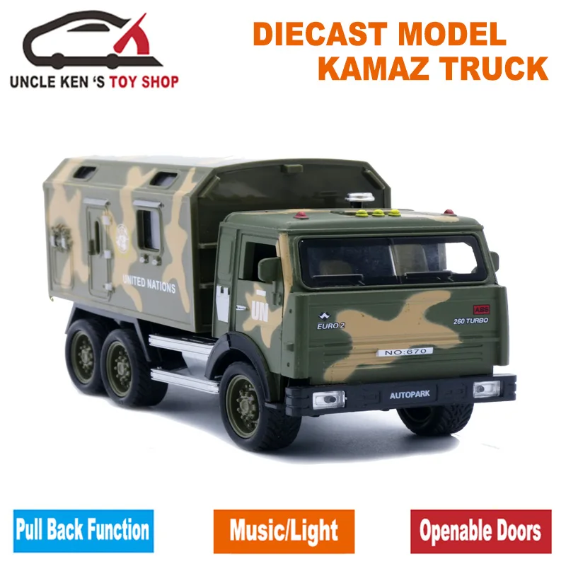 1/32 Scale Diecast Model Truck, Kids Boys Gift, 16.5CM Kamaz Military Metal Toy Cars With Pull Back Function/Music/Light/Package