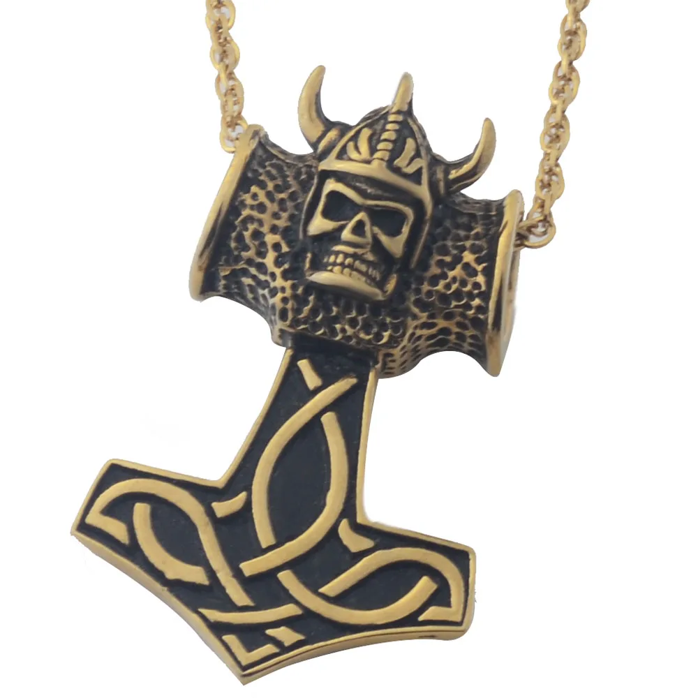 Men's gold color Thor hammer necklace,stainless steel fashion Norse Mjolnir Pewter Skull Pendant chain Necklace for men,23