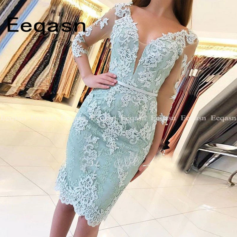 Knee Length Cocktail Dress Women Illusion 3/4 Sleeve Lace Applique Party Dresses White Gowns Short Vestido Coctel Customized