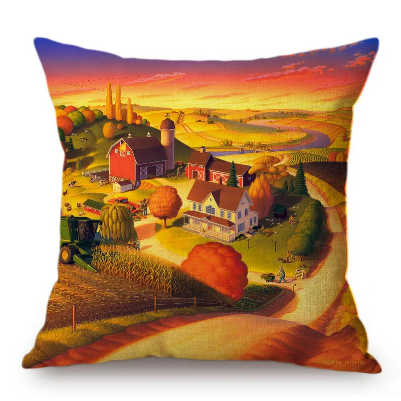 Beautiful Scenic Countryside Town Dreamland Cartoon Home Decor Sofa Throw Pillow Cover Cotton Linen Square Chair Cushion Cover