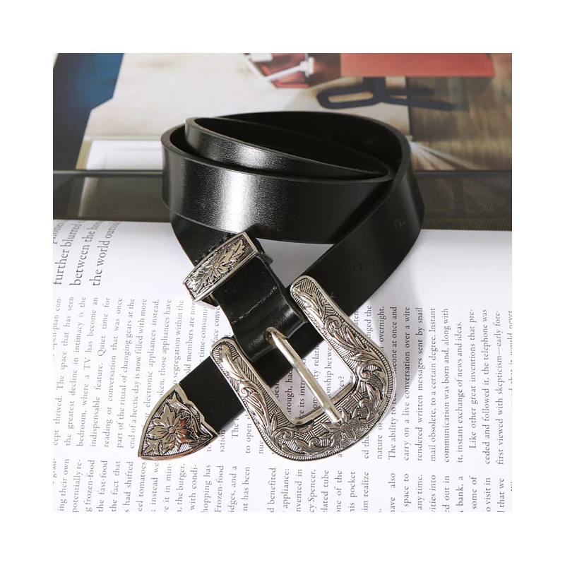 Retro Silver Buckle lady belts black women jeans belt all-match woman strap lady fashion ornament girdle bg-015