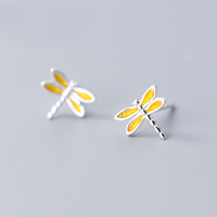 MloveAcc 100% 925 Solid Real Sterling Silver Cute Yellow Dragonfly Stud Earring for Teen Girl Women Fine Silver Jewelry