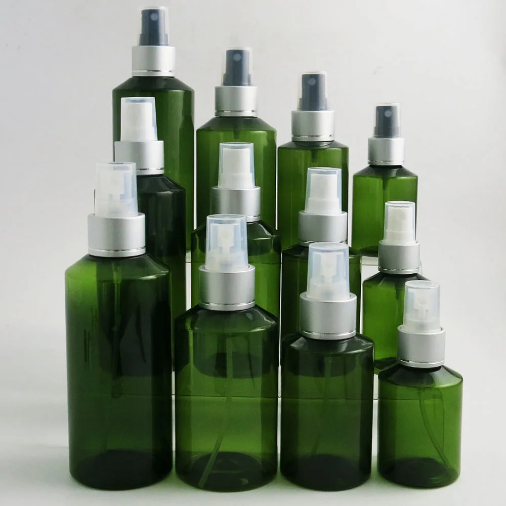 

Refillable Empty Shoulder slope Amber Green PET Plastic Bottle With Mist Sprayer 100ml 150ml 200ml 30pcs