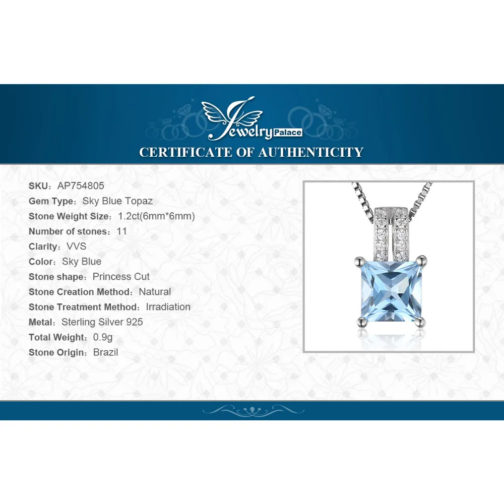 JewelryPalace 1.2ct Princess Cut Blue Topaz 925 Sterling Silver Naszyjnik dla kobiety bez łańcuszka — zdjęcie 7