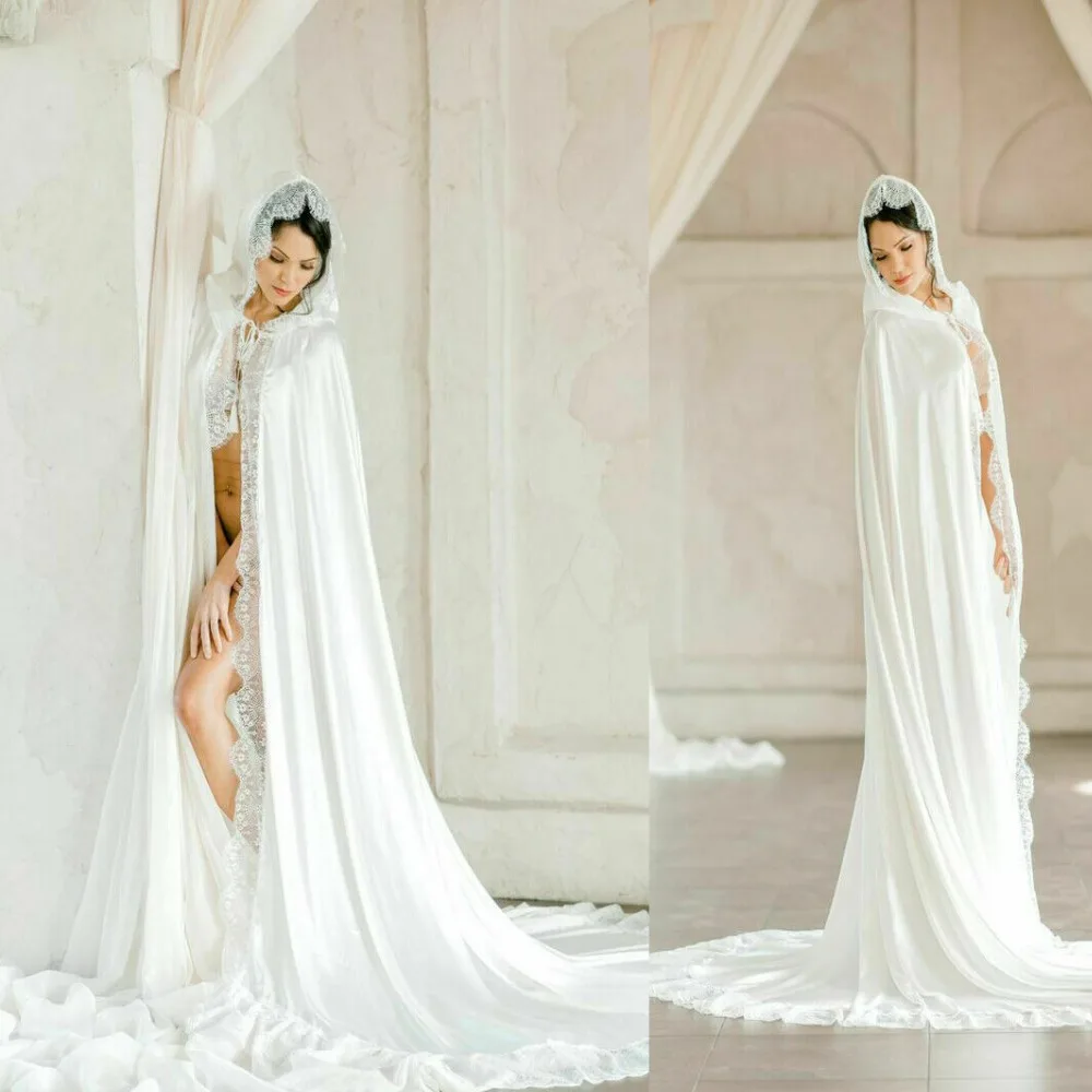 New White Ivory Long Wedding Jackets Lace Top With Hood Bridal Bolero Wraps Shawl Cape Women\'s Accessories Custom Size Jacket