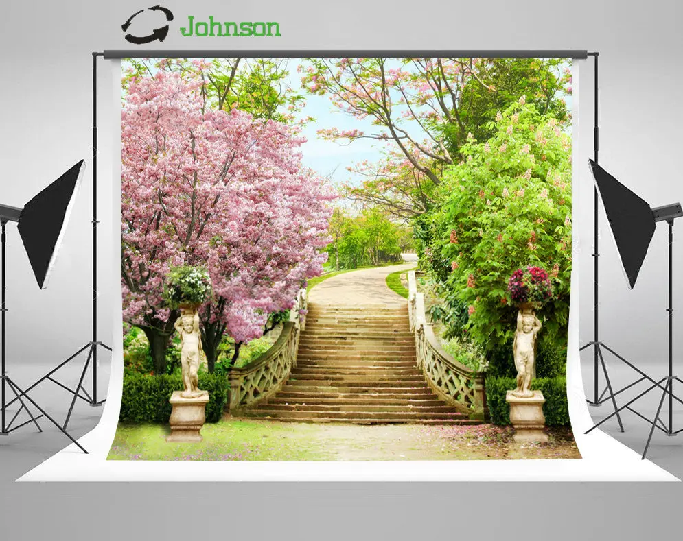 Flower Tree Road Staircase Flower Garden Outdoor Patio Background polyester or Vinyl cloth Computer print wedding backdrop