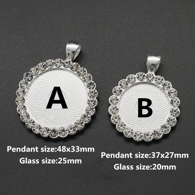 

BL0071 Round Rhinestone Silver Plate Necklace Pendant charms Cabochon Cameo Base Tray Bezel Blank Fit 20/25mm glass cabochon