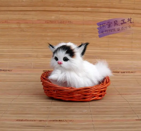 new small simulation cat toy polyethyle&fur black head cat doll in a basket gift 13x5x12cm 2518