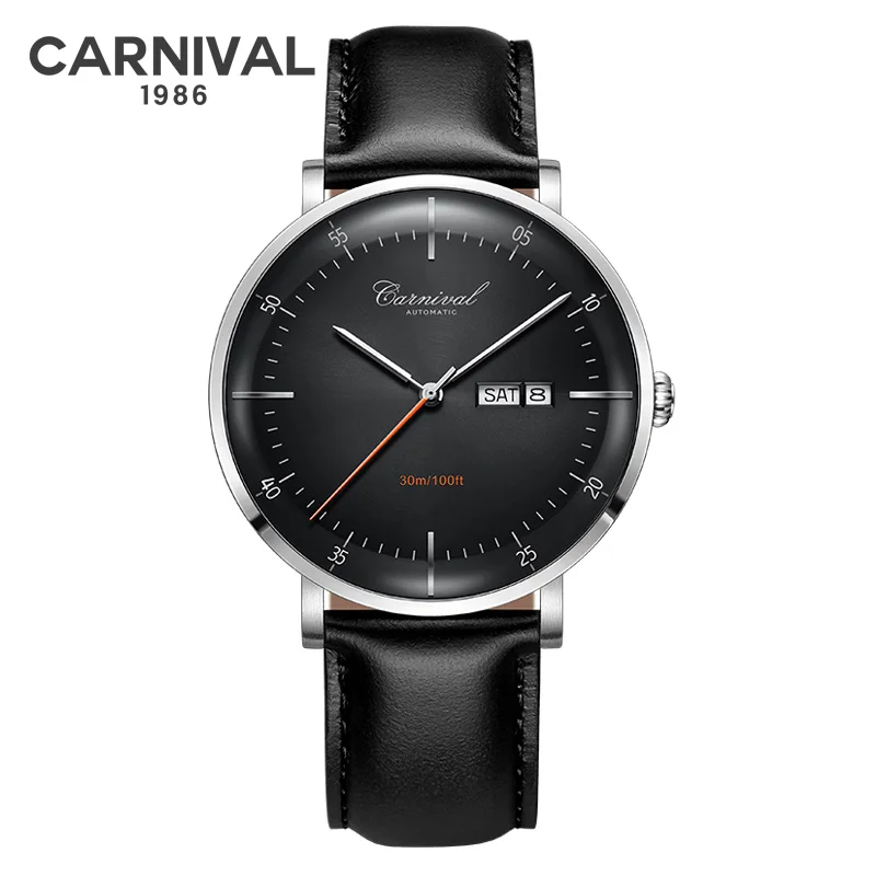 CARNAVAL Hoge kwaliteit MIYOTA automatisch horloge gebogen saffier mechanische horloges voor heren kalender leer waterdicht Montre Homme