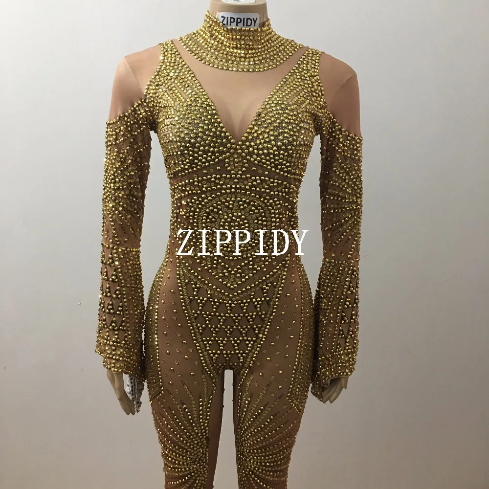 Vàng sang trọng Thạch Jumpsuit Phụ Nữ của Stretch Bodysuit Trang Phục Bling Quần Áo Sân Khấu Hộp Đêm Lấp Lánh Trang Phục Đá Mặc