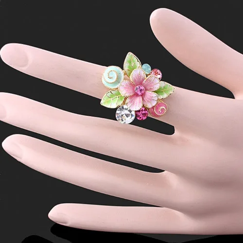 Chran Fashion Enamel Flower Rings for Women Wholesale Gold Color  Shining Crystal Party Jewelry Rings