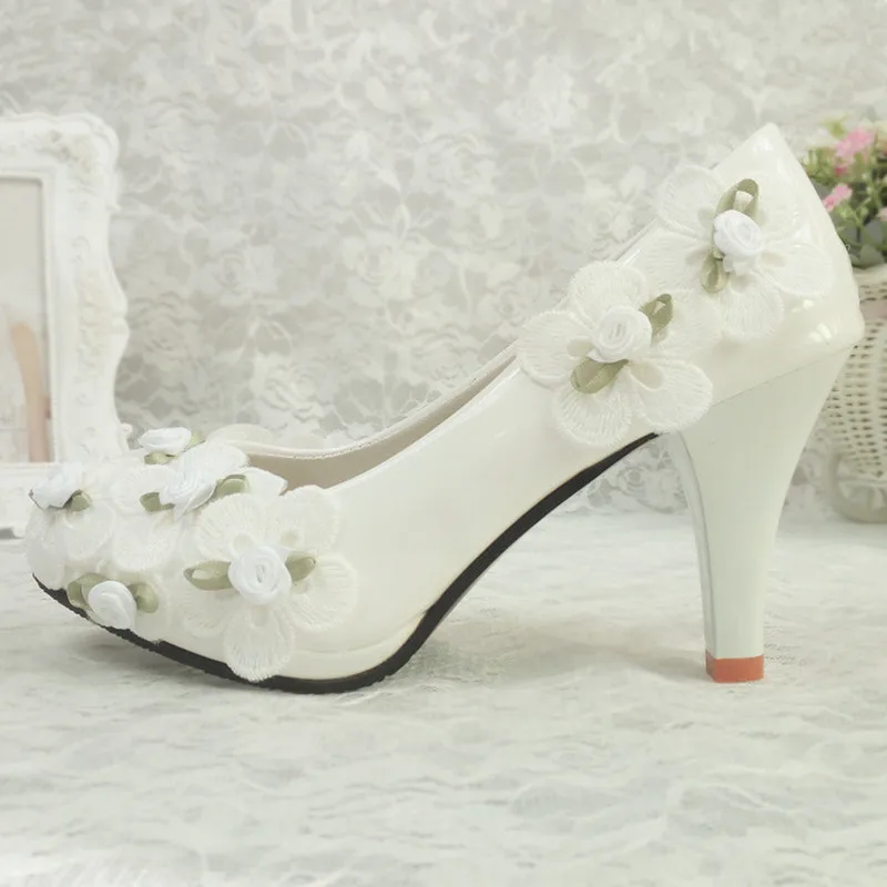 

Womens wedding shoes White flower Bride Fashion shoes for woman High heels Pumps New Thin heel Bridal party shoes female