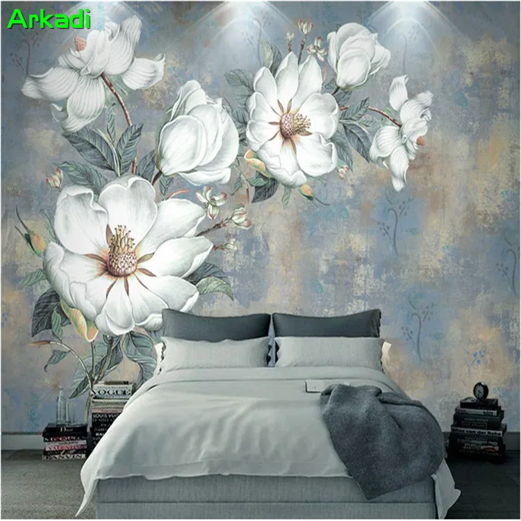 

European-style retro oil painting flower background wall living room wallpaper retro TV background wallpaper hand-painted flower