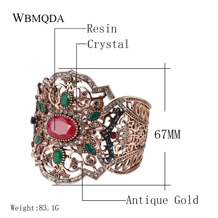 Wbmqda Vintage Turkish Antique Gold Adjustable Wide Cuff Bracelets Bangles For Women Boho Statement Jewelry Wedding Accessories