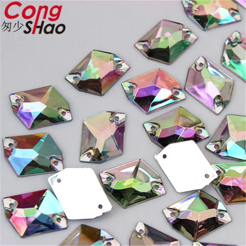 Cong Shao 100pcs 13*17mm Rhombus Irregular shape Crystal Acrylic Rhinestone flatback sewing 2 Hole Wedding Dress Button CS227