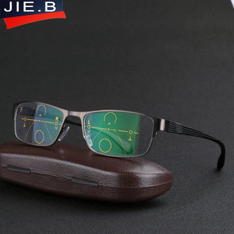 JIE.B New Men\'s Titanium Alloy resin Progressive lenses Reading Glasses men Fashion Square Classic Multifocal Glasses for Men