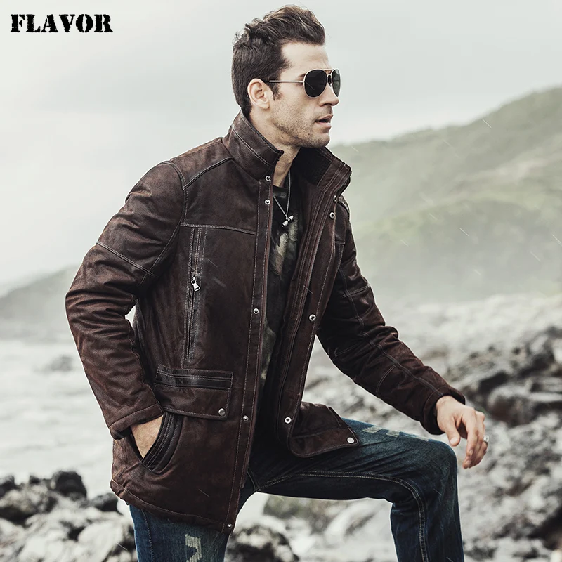 FLAVOR Men's Genuine Leather Jacket Winter Male Overcoat Pigskin