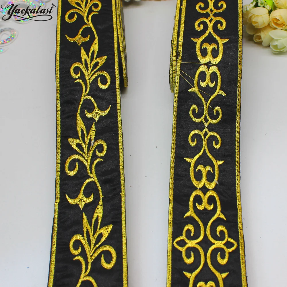 Gold Embroidered Lace Ribbons Appliqued Braid Flower Ribbon Iron On Cosplay Costumes Tape 5cm wide 6 Yard/Piece