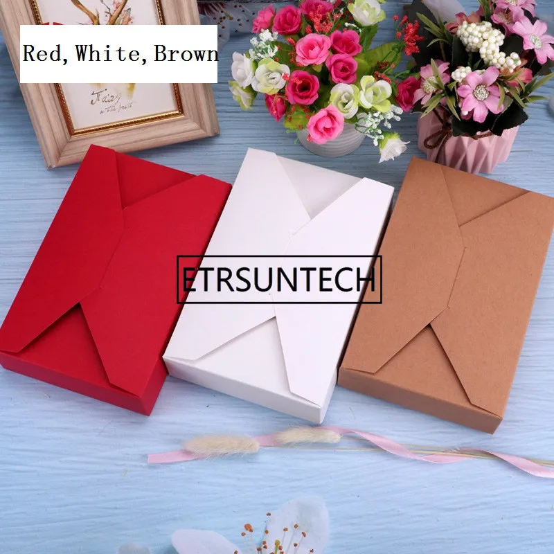 

200Pcs/Lot 19.5*12.5*4cm Kraft Paper/Red/White Gift Boxes Envelope Styled Presentation Invitation Box Cards For Wedding Party