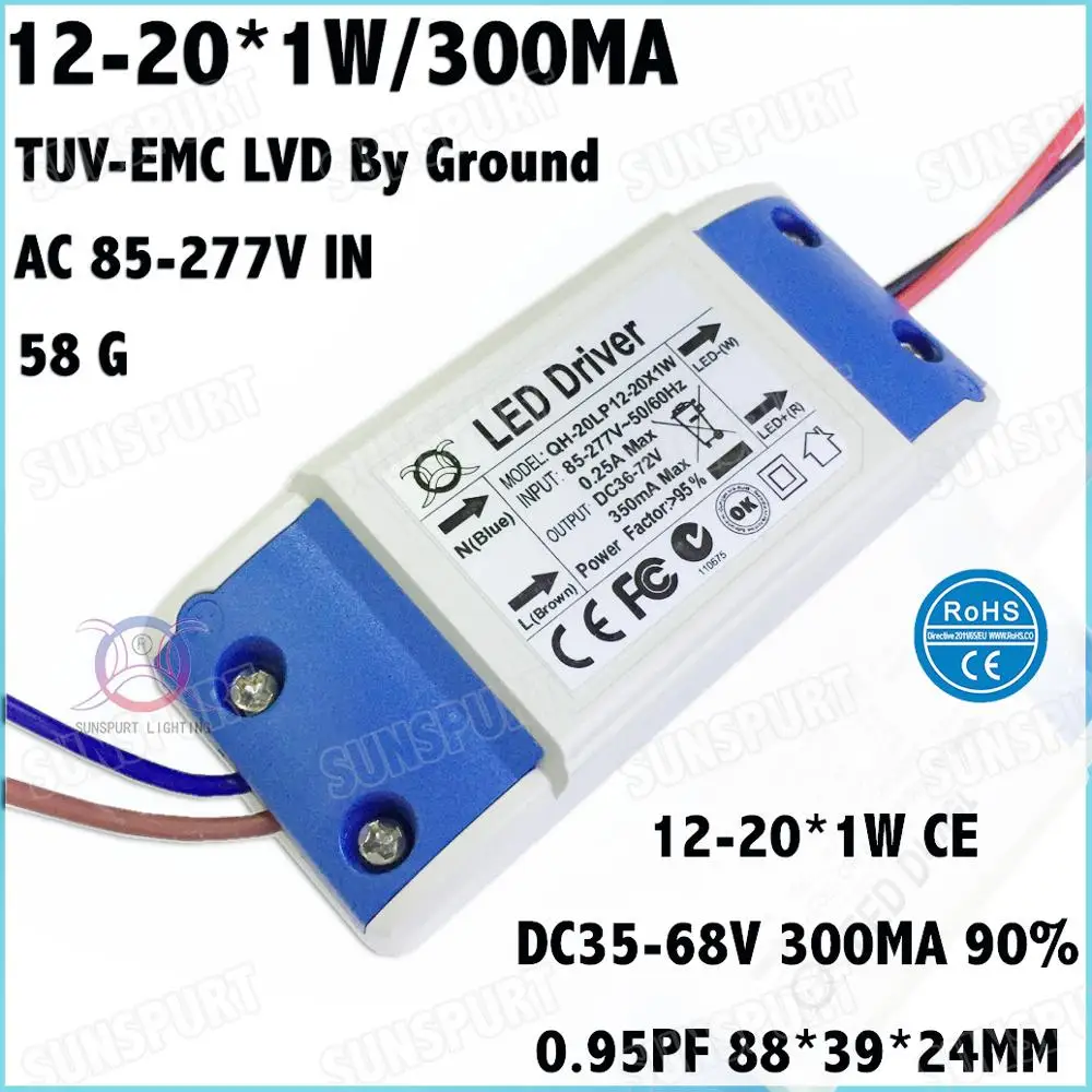 5-20 Pieces By Ground TUV-CE EMC LVD PF External 20W AC85-277V LED Driver 12-20x1W 300mA DC35-68V Constant Current Free Shipping