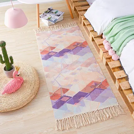 Nordic Bedroom Strip Hand-Woven Mat, Tassel Rug, Home Large Area, Full Easy to Clean, Bedside