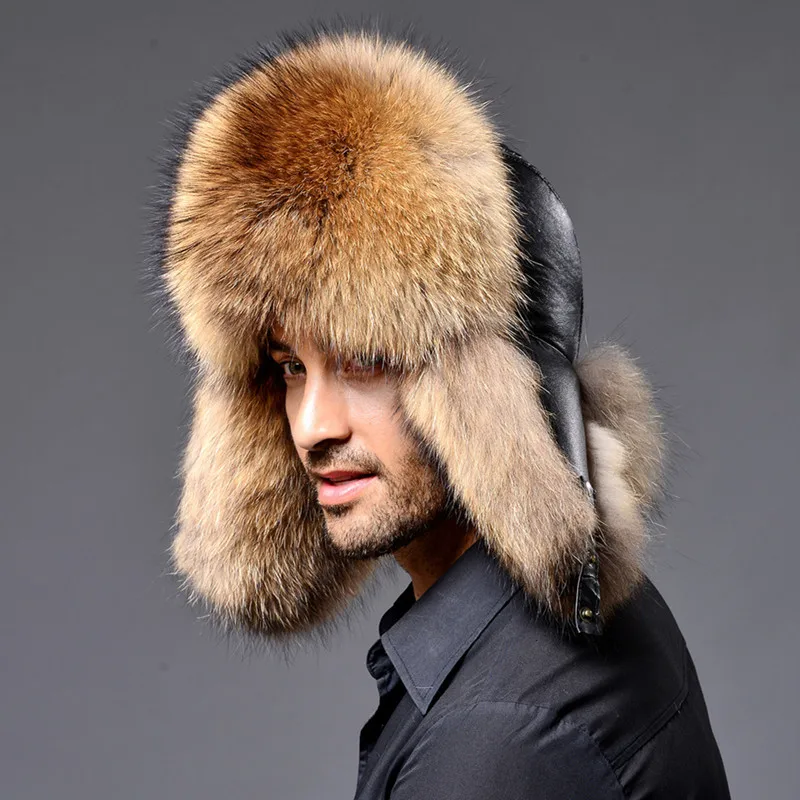 NEW Natural Color Fur Hat Siberian Style Fur Hat  Raccoon Full Ushanka Hat for middle-aged cotton cap Lei Feng hat