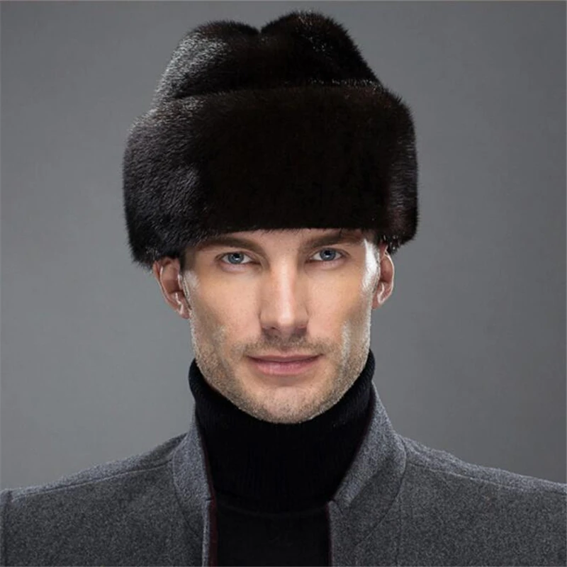 IANLAN French Mens Full-pelt Mink Bomber Hats Real Mink Fur Earmuffs Hats Solid Winter Outdoor Warm Hats IL00237