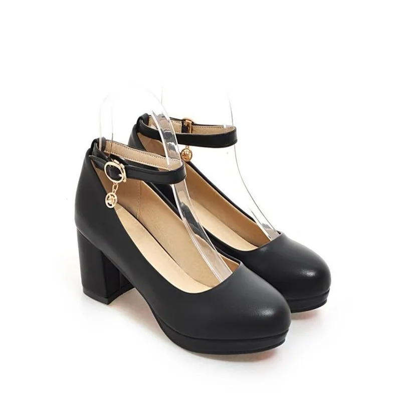 Women's high heels red wedding shoes fashion Round head buckle high heels female black office shoes girls high heel shoes 32-43