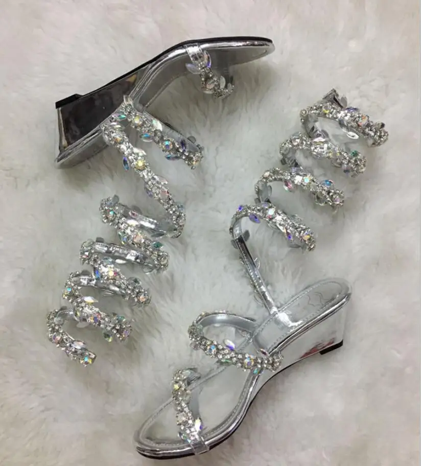 YUE JABON Summer Flats Sandal Gladiator Rhinestone Knee High Slip On Woman Boots Bohemia Style Crystal Beach Wedge Shoes