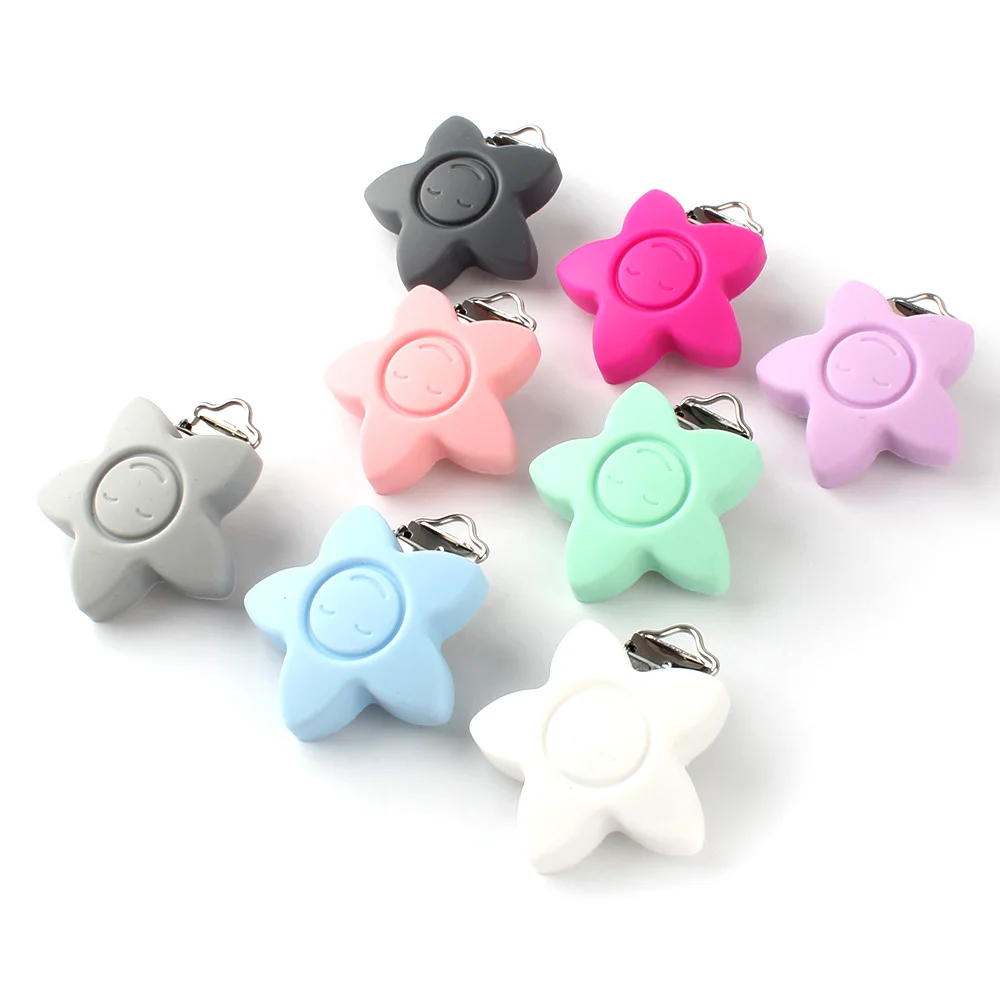 Keep&grow 1PC Stars Pacifier Clip Smiling Silicone Bead Baby Clip Teething Accessories Clip Clasps Toy DIY Pacifier Chain Tool